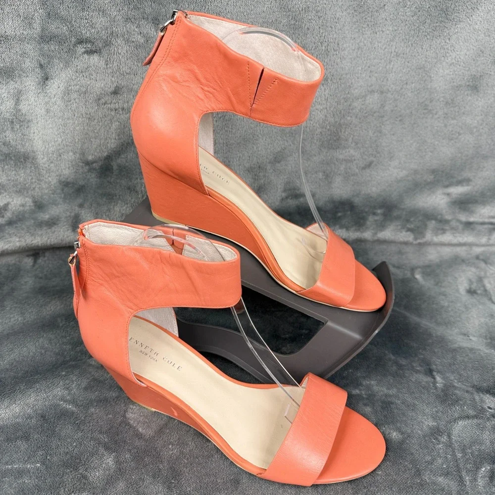 Kenneth Cole Reaction Orange‎ Leather Ankle Strap Wedge Heel Sandals 9.5M